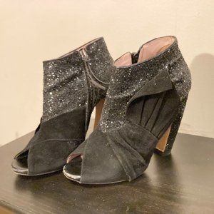 Miu Miu Black Grey Felt Peep Toe Banana Heel Ankle Booties